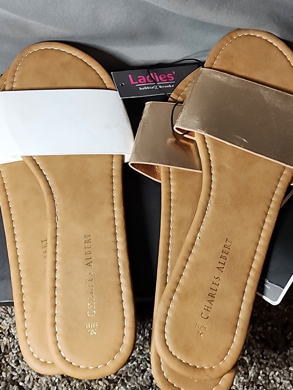 Charles Albert Tan Slides with White and Metallic Gold Straps